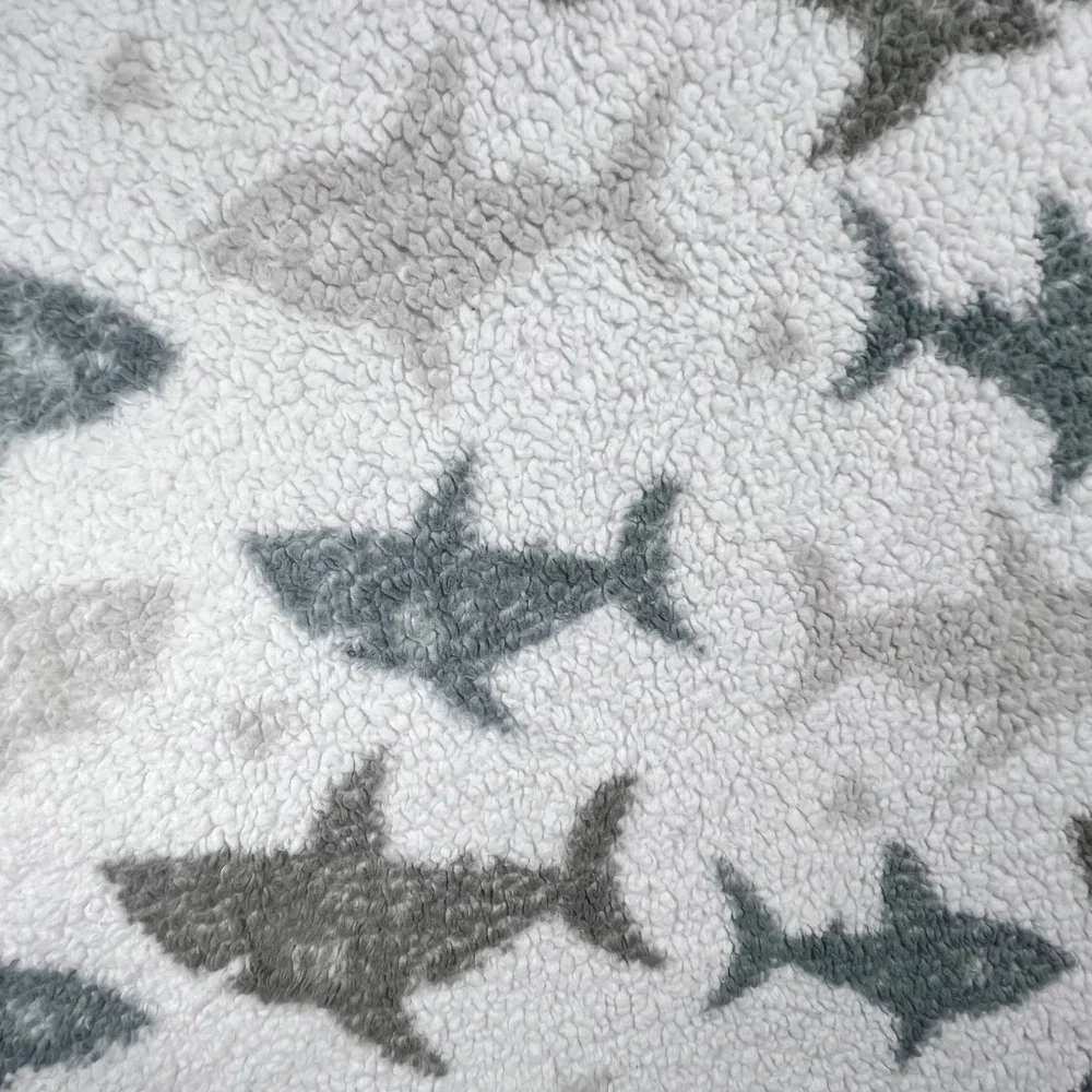 THRO Shark Baby Blanket 28x40 Loft Fleece Nursery Decor Gray White Monochrome